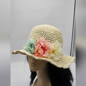 Bienvenu Knitting Straw Hat Flowers Boho Beach Party Flower Bucket hat